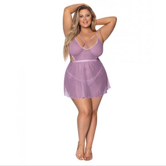 PLUS SIZE 1-3X "GIRL NEXT DOOR" BABYDOLL & CROTCHLESS PANTY IN LILAC - Picture 1 of 4